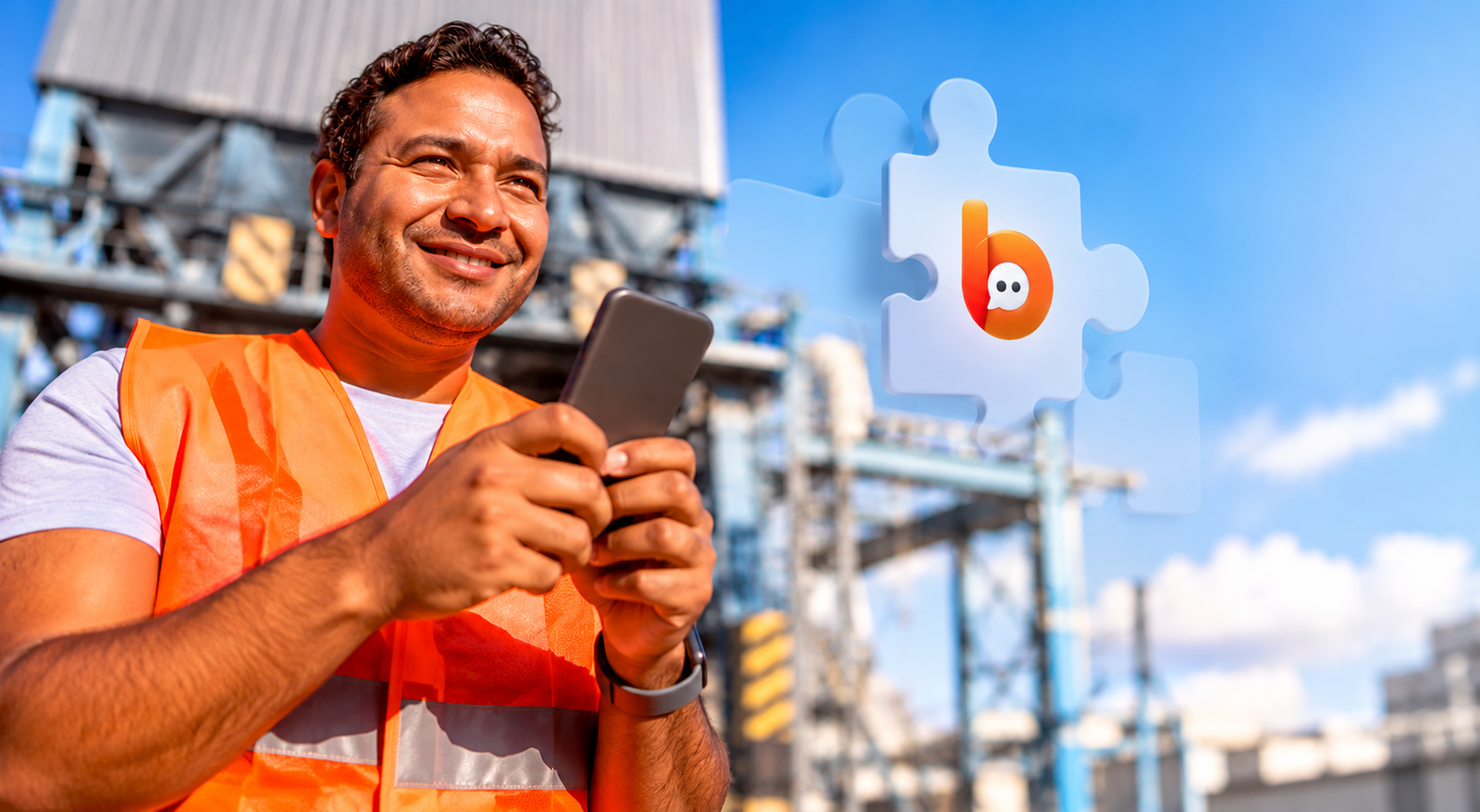 Trabalhador com celular e elemento visual da Beme Invest representando o Crédito do Trabalhador CLT.