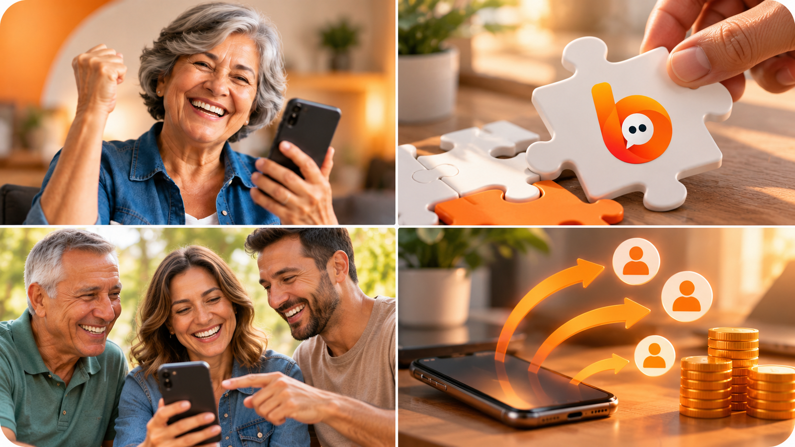 Programa de indicações Beme Invest com quatro momentos de conexão, compartilhamento e recompensas