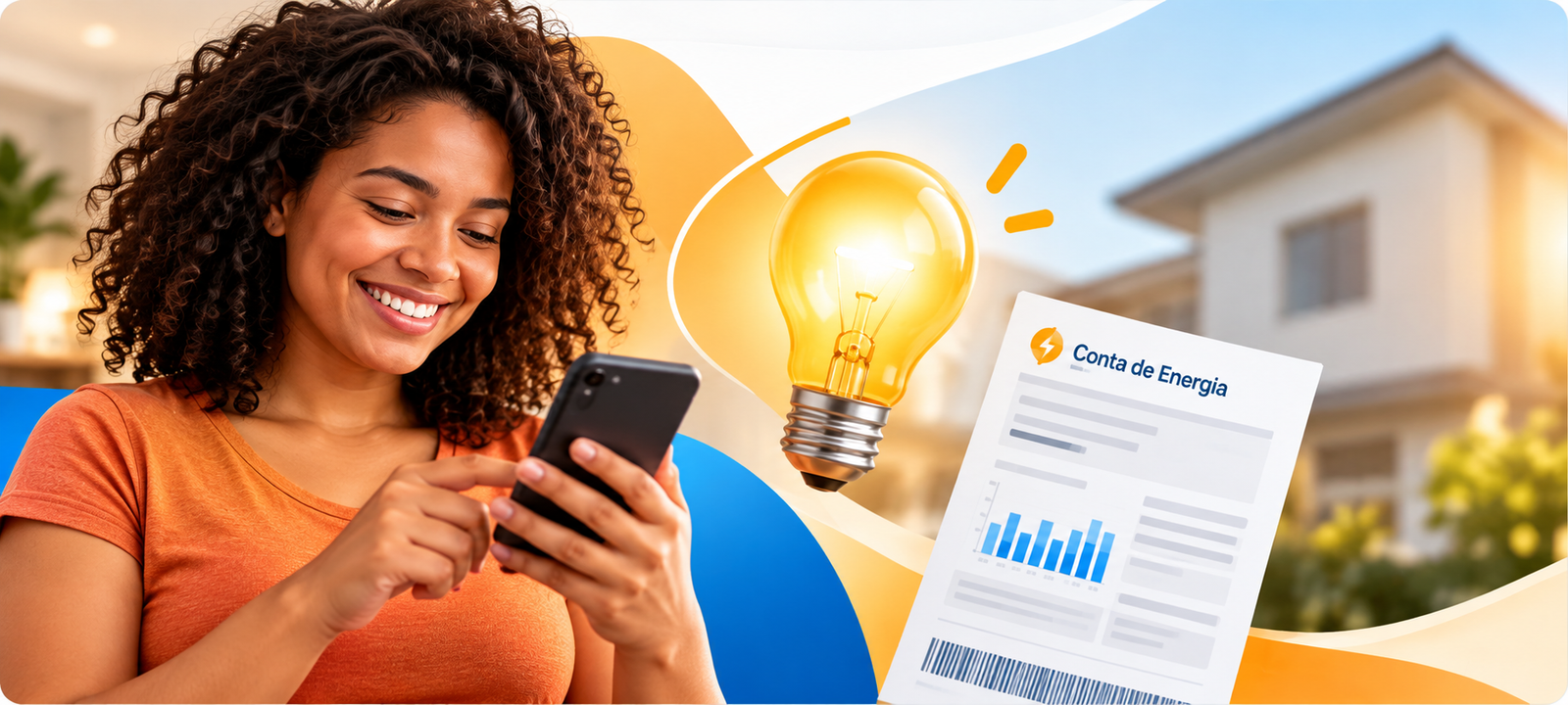 Mulher utilizando um celular, com ilustrações de uma lâmpada e uma conta de energia.